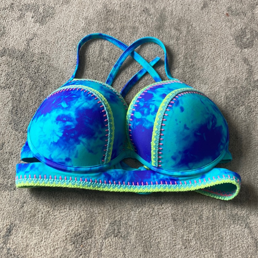 Shade shore blue, tie-dye, bikini, top with crochet trim